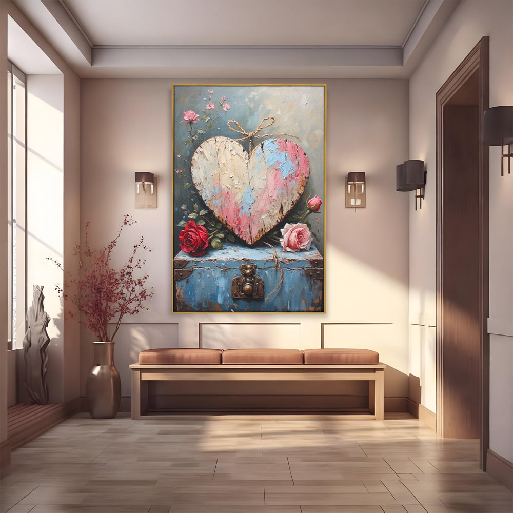 Tablou canvas cu tablou canvas cu inima din lemn si flori, in rama de aluminiu auriu
